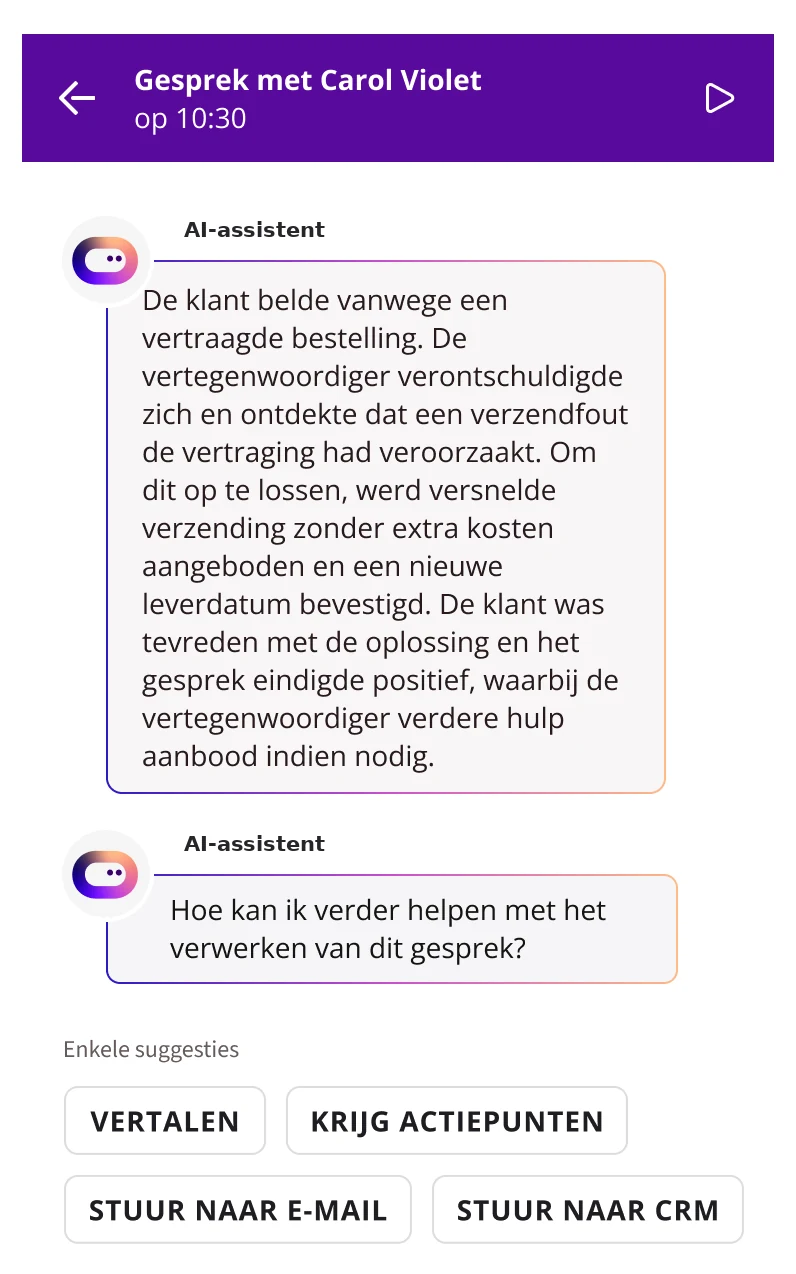 AI-samenvatting van een klantgesprek met de belangrijkste punten en vervolgacties