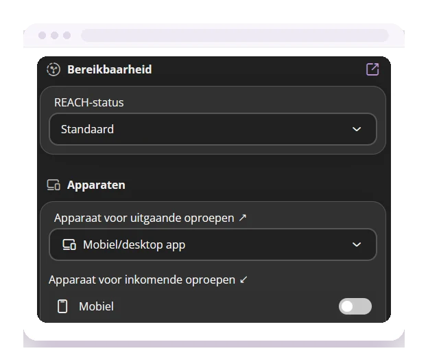 Instelling voor uitgaande gesprekken met keuze tussen mobiel, desktop-app en vast toestel