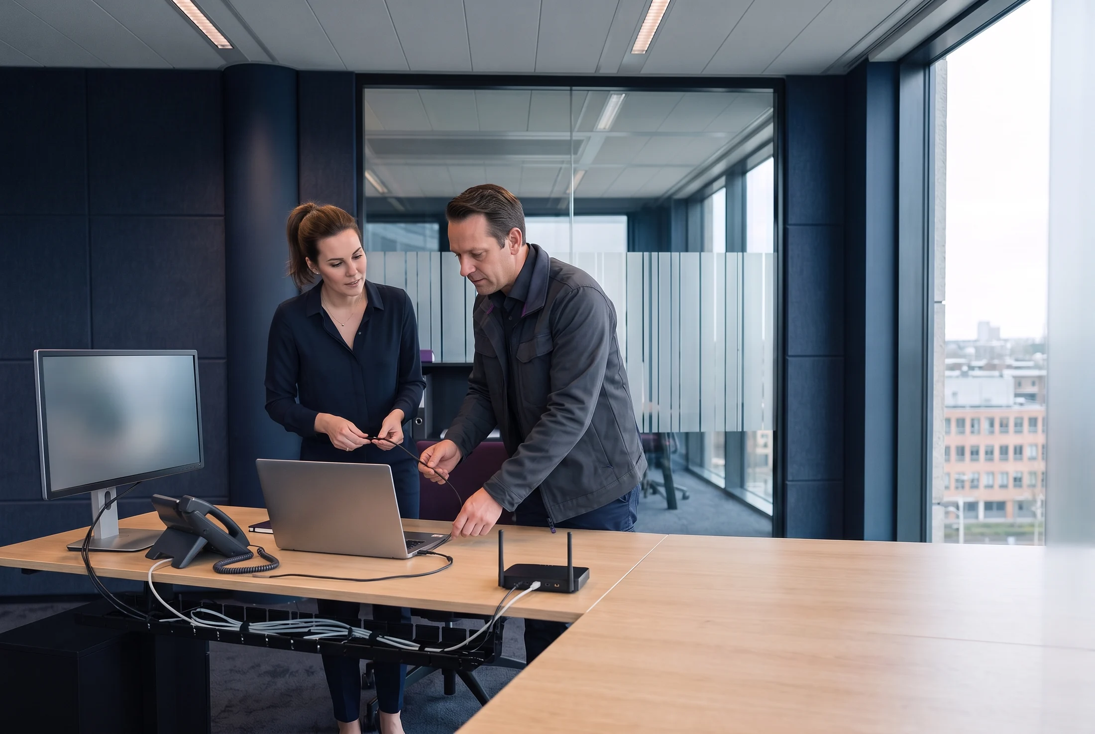 ICT-professional installeert werkplek, telefonie en netwerkapparatuur op locatie