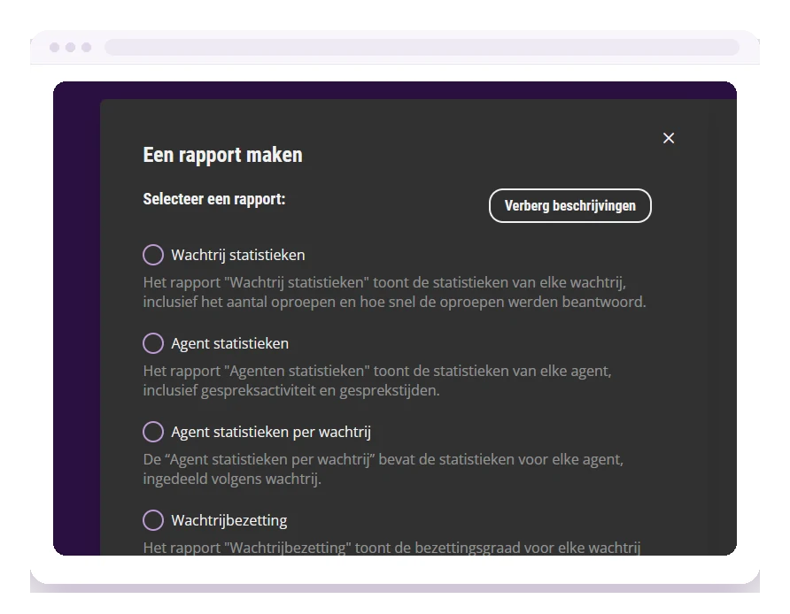 Rapportagemodule met wachtrijstatistieken en agentstatistieken voor zakelijke telefonie