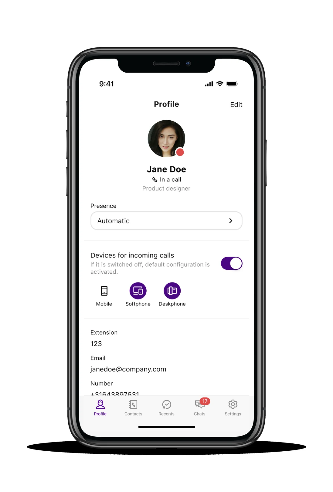 Zakelijke telefonie-app op smartphone met keuze voor mobiel, softphone of vast toestel