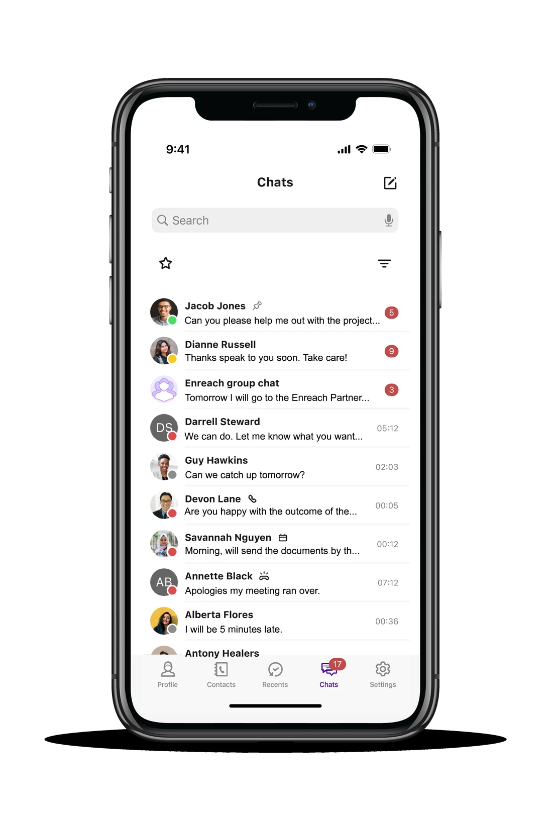 Zakelijke telefonie-app op smartphone met een overzicht van gesprekken en berichten